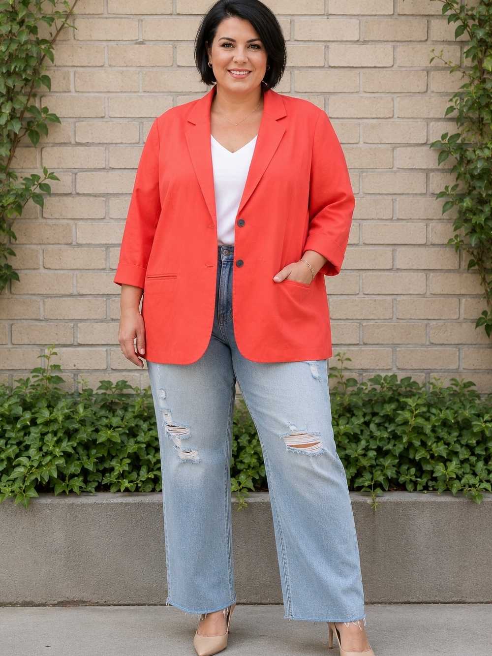 Ava & Viv NEW Plus Size 1x: Bright Coral Orange Single-Breasted Blazer